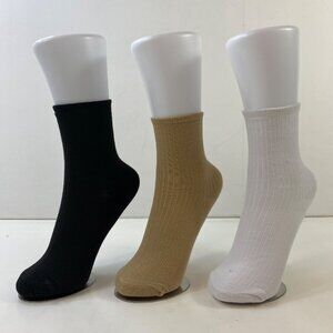 Womens Crew Socks Set 3 Solid Ribbed Black Tan White